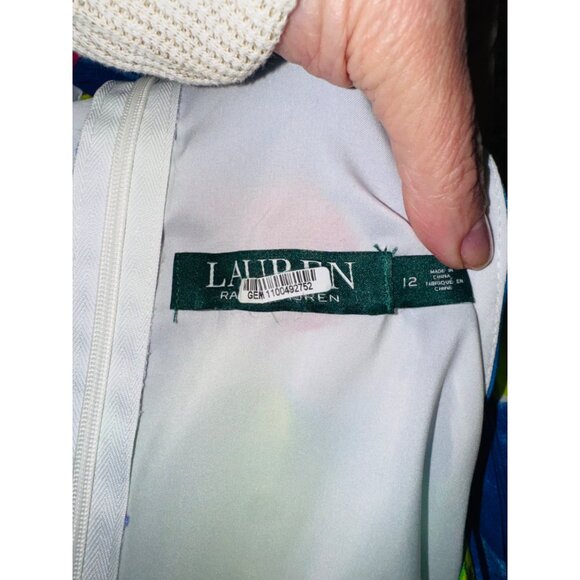 Lauren Ralph Lauren Pleated Halter Dress Abstract Multicolor Retro Party Size 12 - Picture 6 of 10